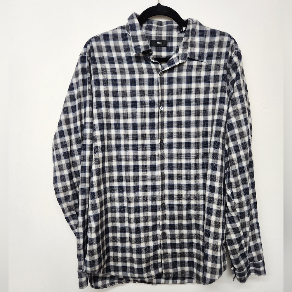 Theory Plaid Button Down Long Sleeve Shirt Mens XL Black Blue White Fall Work